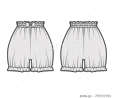 Short bloomers pants technical fashion illustration with bow, mini length, normal waist, high rise, gathered Flat bottom 74541591