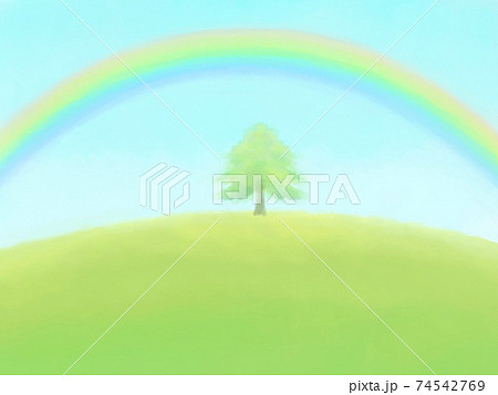 草原にかかる虹 水彩イラストのイラスト素材