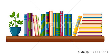 Shelf with books and potted plant. Read lover shelf in cartoon style. Vector illustration 74542824