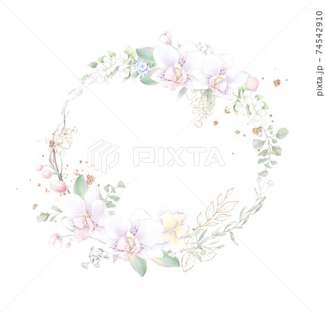 Gold geometric frame with orchids. Watercolor illustration Gold geometric frame with orchids. Watercolor illustration 74542910