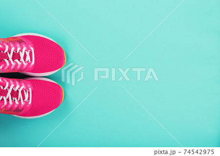 Pink sports sneakers for running on a blue background with free space. Pink sports sneakers for running on a blue background with free space. 74542975