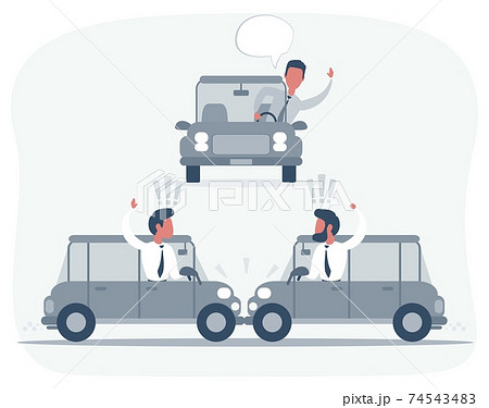 Conflict between three drivers on cars, no one wants to give way to each other. Men argue and swear, from car side windows. Road congested. Flat design cartoon style. 74543483