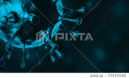 Close-up of covid-19 virus cells or bacteria on dark blue background with copy space Close-up of covid-19 virus cells or bacteria on dark blue background with copy space 74543548