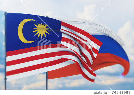 Waving Russian flag and flag of Malaysia. Closeup view, 3D illustration. Waving Russian flag and flag of Malaysia. Closeup view, 3D illustration. 74543992