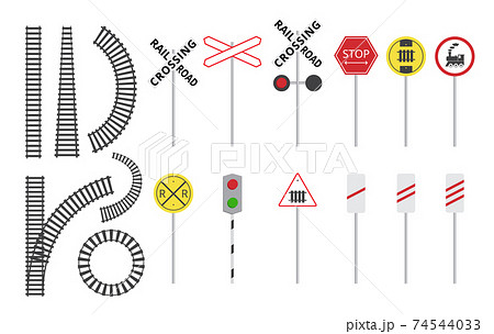 Train railroad sign set - isolated rail tracks and warning road signs Train railroad sign set - isolated rail tracks and warning road signs 74544033