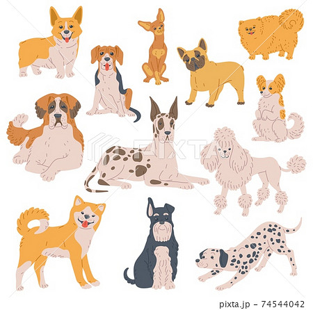 Set of cartoon dog pets, puppies different breeds, domestic animals with pedigree Set of cartoon dog pets, puppies different breeds, domestic animals with pedigree 74544042