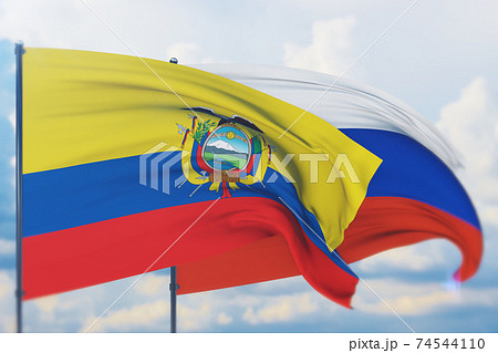 Waving Russian flag and flag of Ecuador. Closeup view, 3D illustration. 74544110
