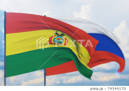 Waving Russian flag and flag of Bolivia. Closeup view, 3D illustration. Waving Russian flag and flag of Bolivia. Closeup view, 3D illustration. 74544170