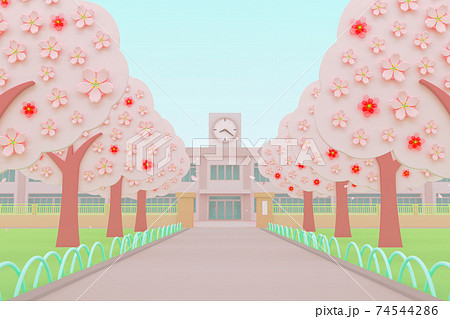 桜並木と学校正門のイラスト素材