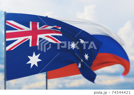Waving Russian flag and flag of Australia. Closeup view, 3D illustration. Waving Russian flag and flag of Australia. Closeup view, 3D illustration. 74544421