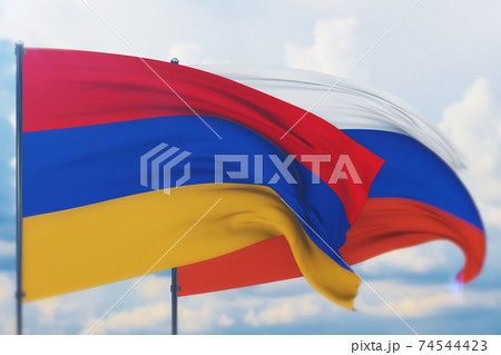 Waving Russian flag and flag of Armenia. Closeup view, 3D illustration. Waving Russian flag and flag of Armenia. Closeup view, 3D illustration. 74544423
