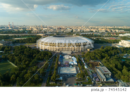 aerial view of moscow river cityscape and stadium 74545142