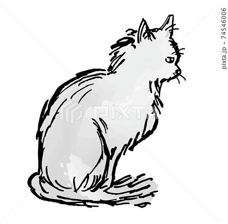 イラスト素材：日向ぼっこする猫　黒猫　グレー　水彩風　ベクター 74546006