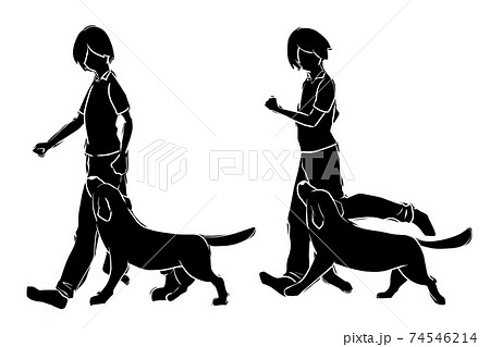 犬と歩く 走る人 シルエット のイラスト素材