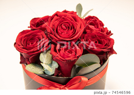 Gentle colourful bouquet of red roses on white background, close-up 74546596