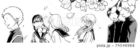 桜と学生達のモノクロイラスト 74546968