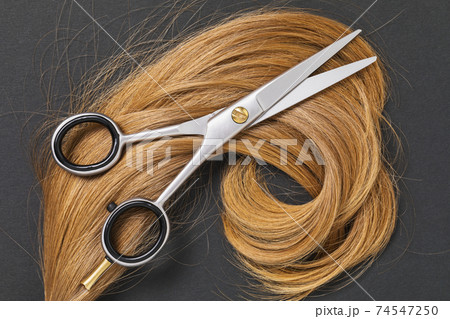 Scissors and hair blond in color on a dark background, top view. The concept of hairdressing services 74547250