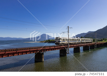 JR日豊本線と桜島の風景　鹿児島県姶良市 74547331