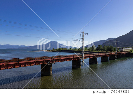 JR日豊本線と桜島の風景　鹿児島県姶良市 74547335