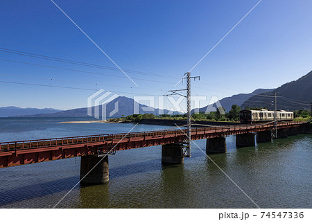 JR日豊本線と桜島の風景　鹿児島県姶良市 74547336