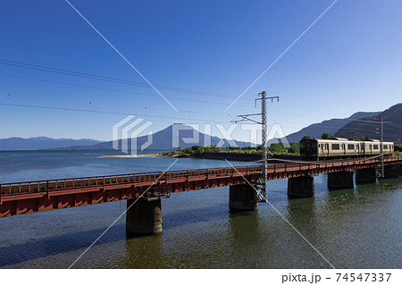JR日豊本線と桜島の風景　鹿児島県姶良市 74547337