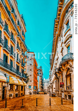 BARCELONA, SPAIN - AUGUST  28, 2008: Beautiful historical landscape of the  Barcelona, Catalonia.The most popular city in the Mediterranean resort in Spain. August 28, 2008 in Barcelona, Spain. 74548280
