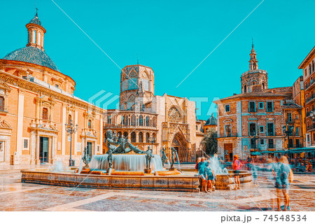 Valencia Fountain Rio Turia on Square of the Virgin Saint Mary, 74548534