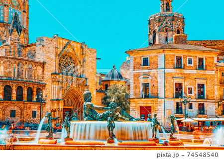 Valencia Fountain Rio Turia on Square of the Virgin Saint Mary, Valencia Fountain Rio Turia on Square of the Virgin Saint Mary, 74548540