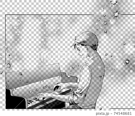 オルガンを弾く男性のモノクロイラスト 74548681