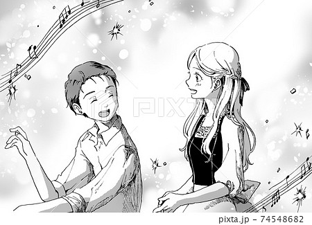 歌う男女のモノクロイラストのイラスト素材 [74548682] - PIXTA