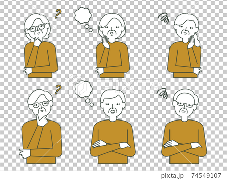 シニアの男性 女性の線画イラスト 疑問 悩み のイラスト素材