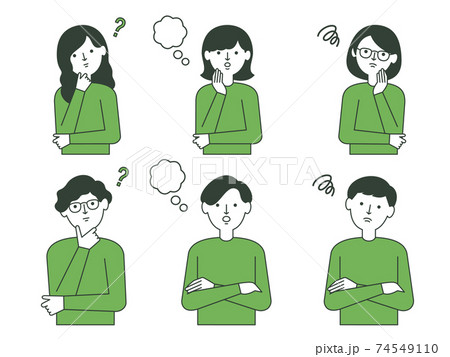 若い男性 女性の線画イラスト 疑問 悩み のイラスト素材
