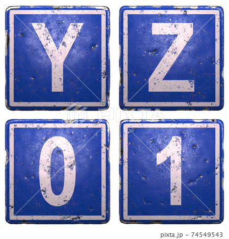 Set of public road sign in blue color with a capital white letters Y, Z and number 0, 1 in the center isolated of white background. 3d Set of public road sign in blue color with a capital white letters Y, Z and number 0, 1 in the center isolated of white background. 3d 74549543