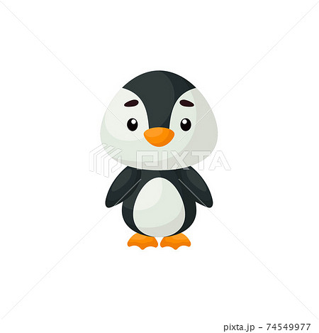 Cute little penguin on white background. Cartoon animal character for kids cards, baby shower, birthday invitation, house interior. Bright colored childish vector illustration in cartoon style. 74549977