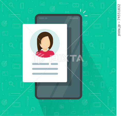 Digital candidate personal contact information data review on mobile cell phone vector flat cartoon illustration, concept of cellular smartphone my account profile icon with credentials customer info 74551832