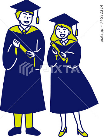アカデミックガウンで卒業式にでる大学生男女の2色イラストのイラスト素材