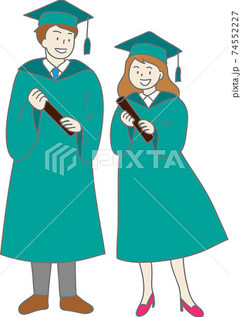 アカデミックガウンで卒業式にでる大学生男女のカラーイラスト 74552227