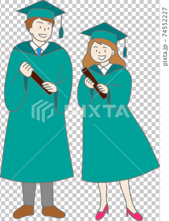 アカデミックガウンで卒業式にでる大学生男女のカラーイラスト 74552227