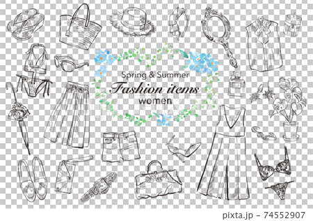 女性の春夏のファッションアイテム。手書きの線画。（ベクターデータ） 74552907