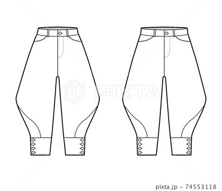 Set of Riding breeches shorts pants technical fashion illustration with knee length, low waist, rise, curved pocket 74553118