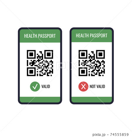 Health passport on mobile phone screen with qr-code and check mark valid and not. Health passport on mobile phone screen with qr-code and check mark valid and not. 74555859