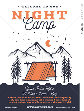 Summer night festival camp flyer A4 format. Tent life Adventure poster graphic design with forest scene and text. Stock vector retro card Summer night festival camp flyer A4 format. Tent life Adventure poster graphic design with forest scene and text. Stock vector retro card 74556096