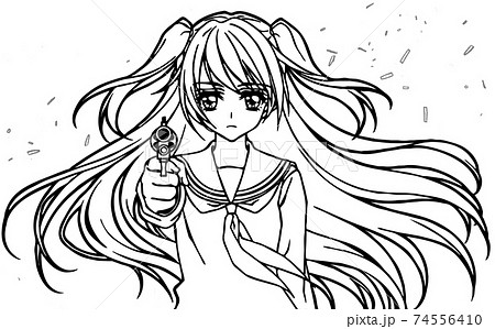 銃を持った女子高生の塗り絵用イラスト バストアップ 背景有り のイラスト素材