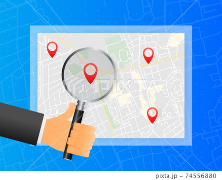 Hand holds magnifying glass in searching markers on maps on blue background. Vector illustration. 74556880