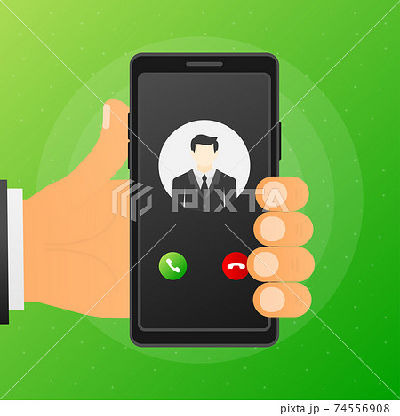 Hand holds phone with call Incoming video call on screen on green background. Vector illustration. 74556908