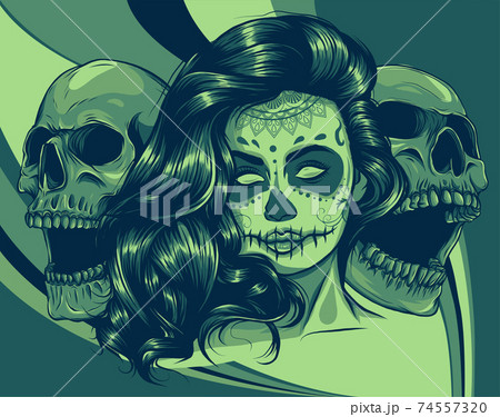 Dead girl with two sugar skulls. vector Dead girl with two sugar skulls. vector 74557320