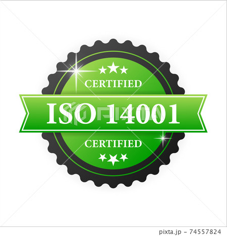 ISO certified 14001 green rubber stamp with green rubber on white background. Realistic object. Vector illustration. 74557824