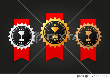 Three rewards winner silver, gold and bronze rubber badge with red ribbon on white background. Realistic object. Vector illustration. Three rewards winner silver, gold and bronze rubber badge with red ribbon on white background. Realistic object. Vector illustration. 74558365