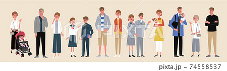 年齢別の男性と女性　大人数の人々　イラスト　 74558537