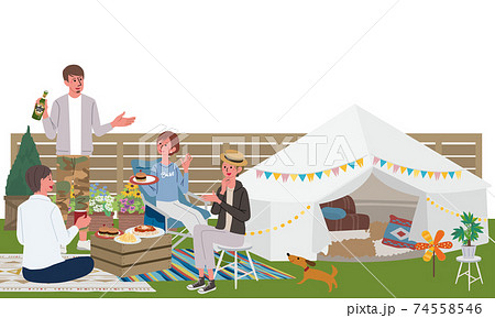 ベランピングをする男女のイラスト　ピクニック　キャンプ 74558546